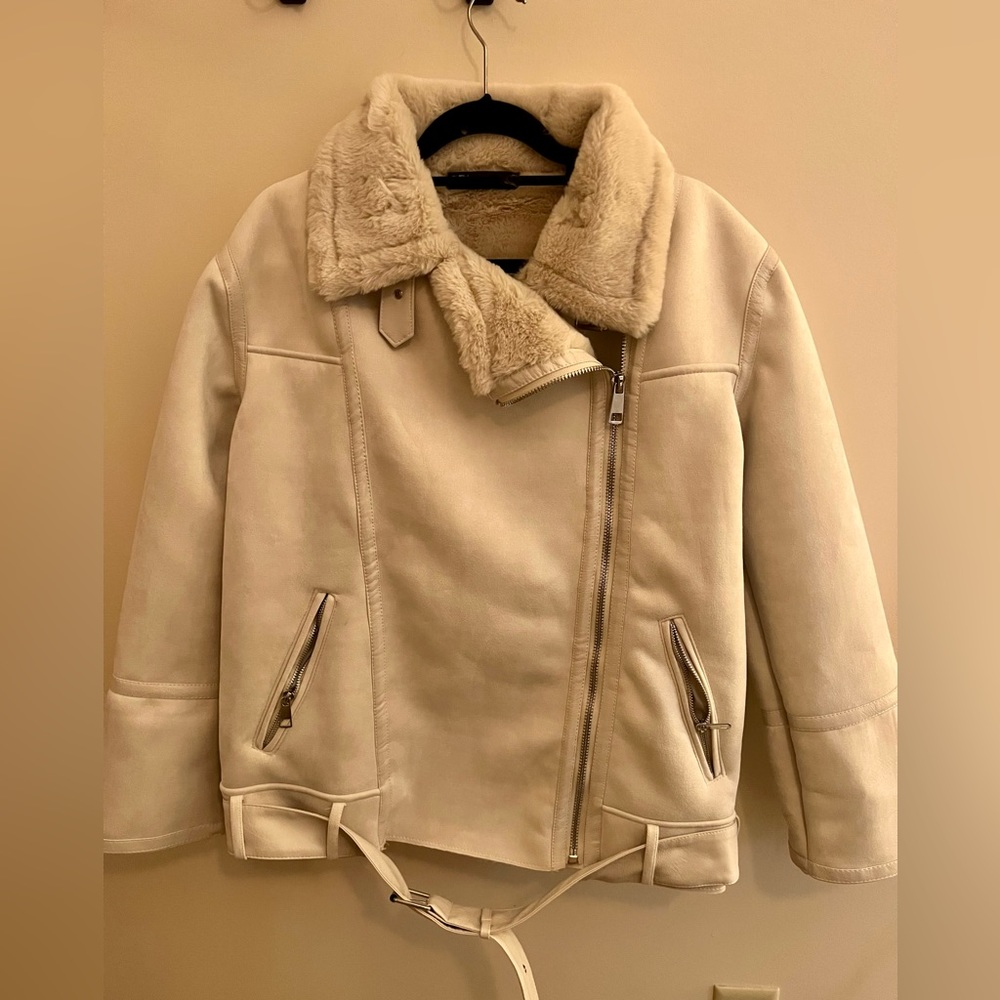 Zara cream suede aviator shearling jacket